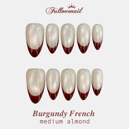 Burgundy French handmade press-on nails — medium almond set in red and clean French smile lines | Fullovenail