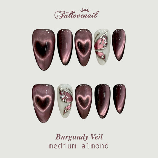 Burgundy Veil handmade press-on nails — medium almond set in red and handcrafted art detailing | Fullovenail
