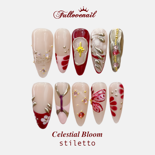 Celestial Bloom handmade press-on nails — medium stiletto set in floral pink and 3D sculpted floral petals | Fullovenail