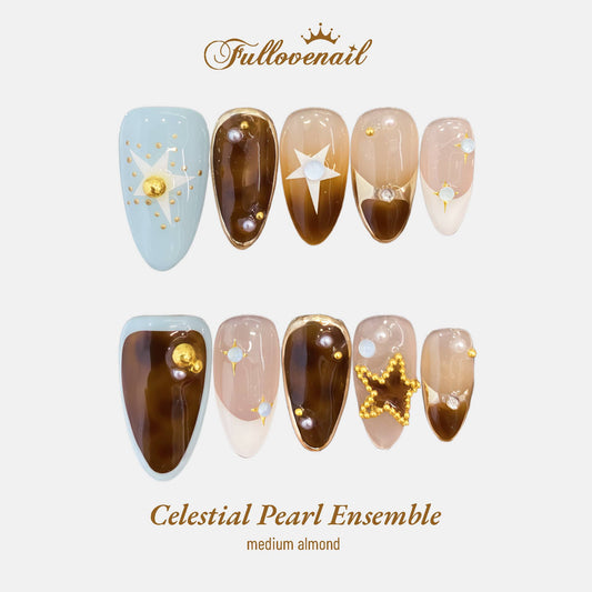 Celestial Pearl Ensemble almond press-on nails with 3D stars and tortoiseshell art