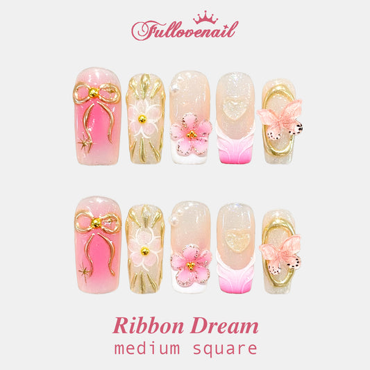 Ribbon Dream square press-on nails with 3D pink flowers and gold metallic bows