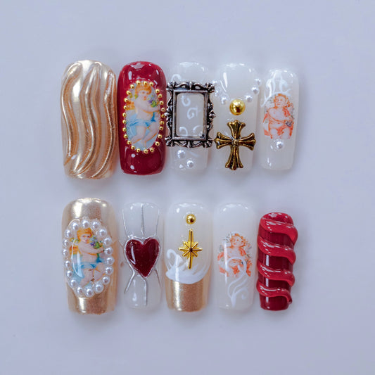 Angelic Vintage Glam handmade press-on nails — medium square set in aurora lilac and handcrafted art detailing | Fullovenail