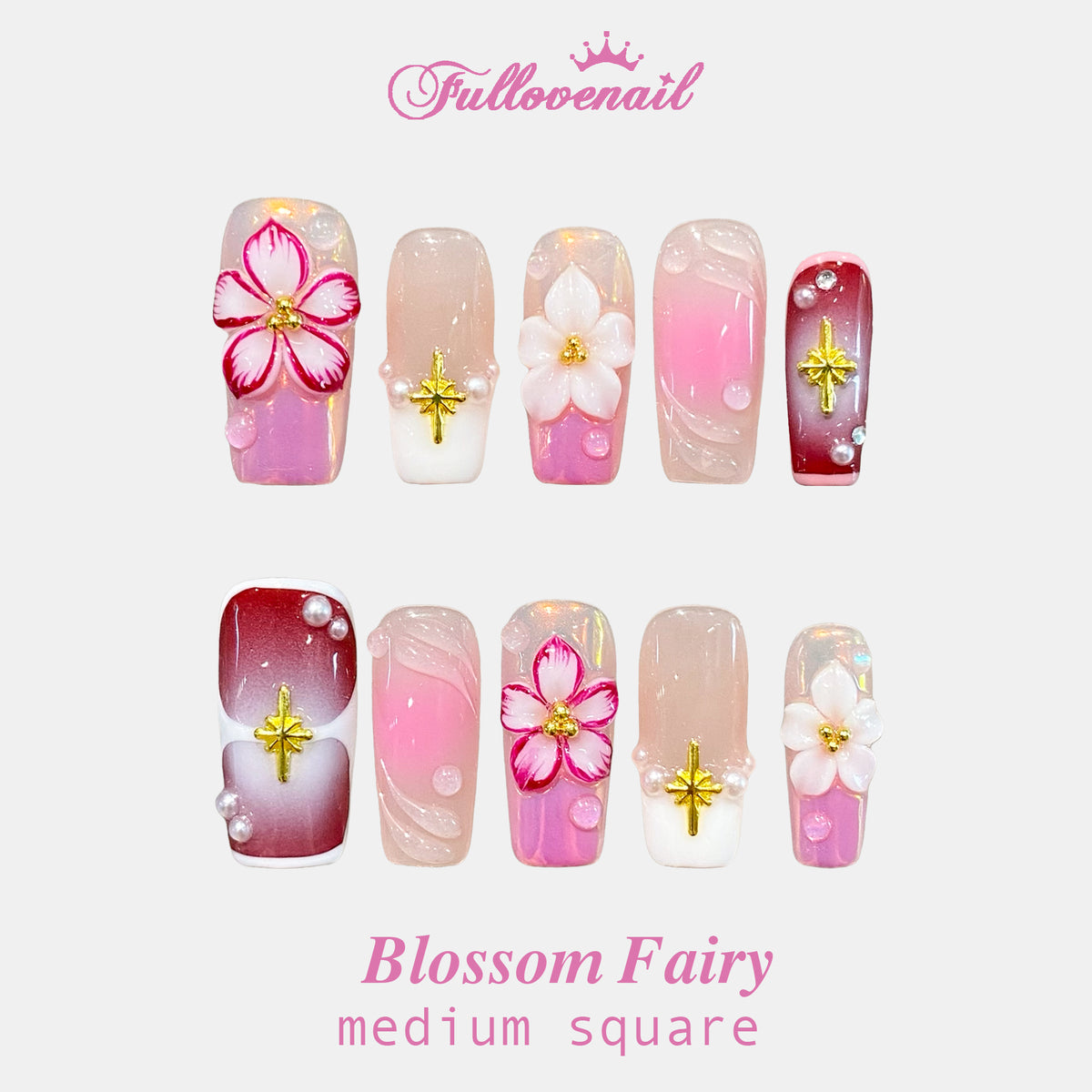 Blossom Fairy square press-on nails with 3D floral art and pink aura gradients