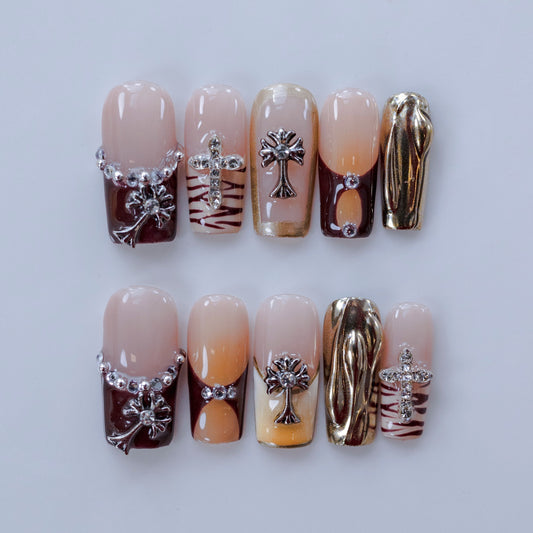 Twilight Garden handmade press-on nails — medium square set in floral pink and handcrafted art detailing | Fullovenail