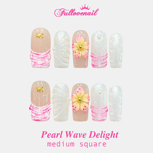 Pearl Wave Delight handmade press-on nails — medium square set in white and 3D seashell | Fullovenail