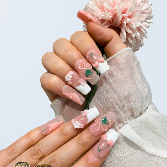 Aesthetic pink press-on nails on hand | Aesthetic nail inspo