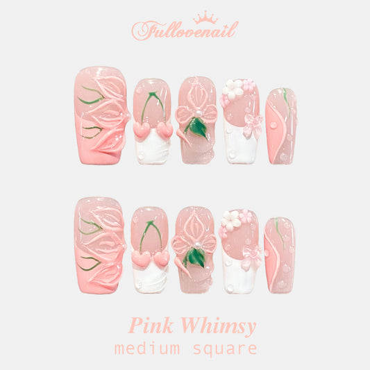 Pink Whimsy handmade press-on nails — medium square set in pink and handcrafted art detailing | Fullovenail