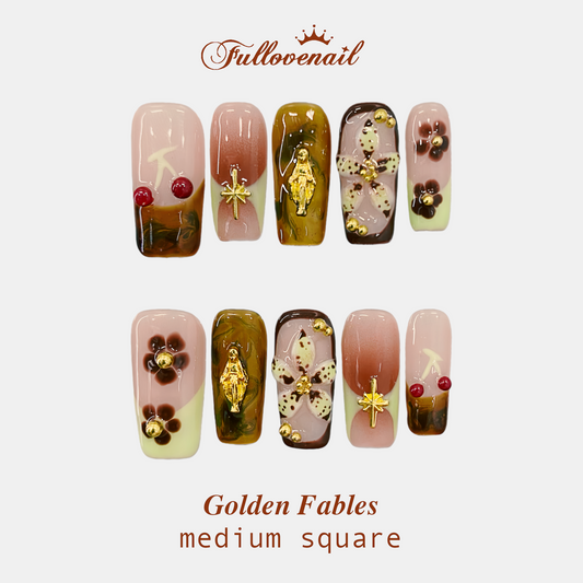 Golden Fables handmade press-on nails — medium square set in gold and handcrafted art detailing | Fullovenail