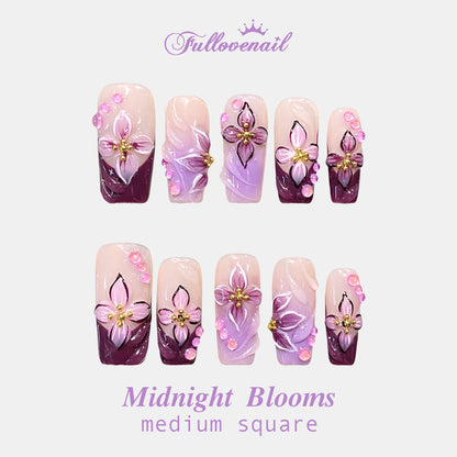 Midnight Blooms square press-on nails with 3D purple flowers and plum French ombre