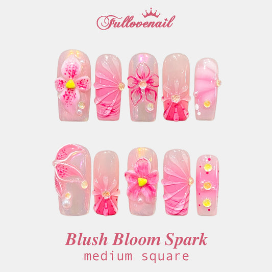 Blush Bloom Spark square press-on nails with 3D floral art and pink aura gradients