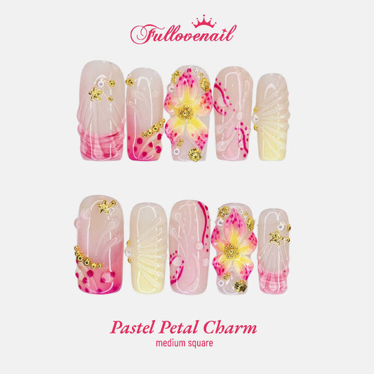 Pastel Petal Charm handmade press-on nails — medium square set in floral pink and 3D sculpted floral petals | Fullovenail