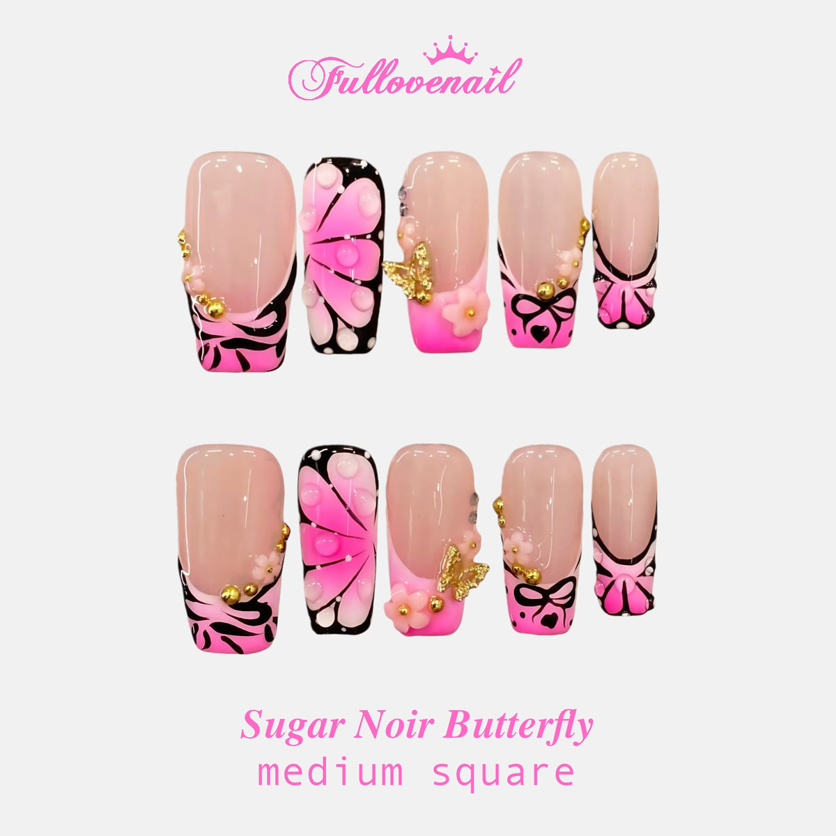 Sugar Noir Butterfly square press-on nails with pink wings and French tips