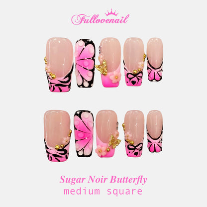 Sugar Noir Butterfly square press-on nails with pink wings and French tips