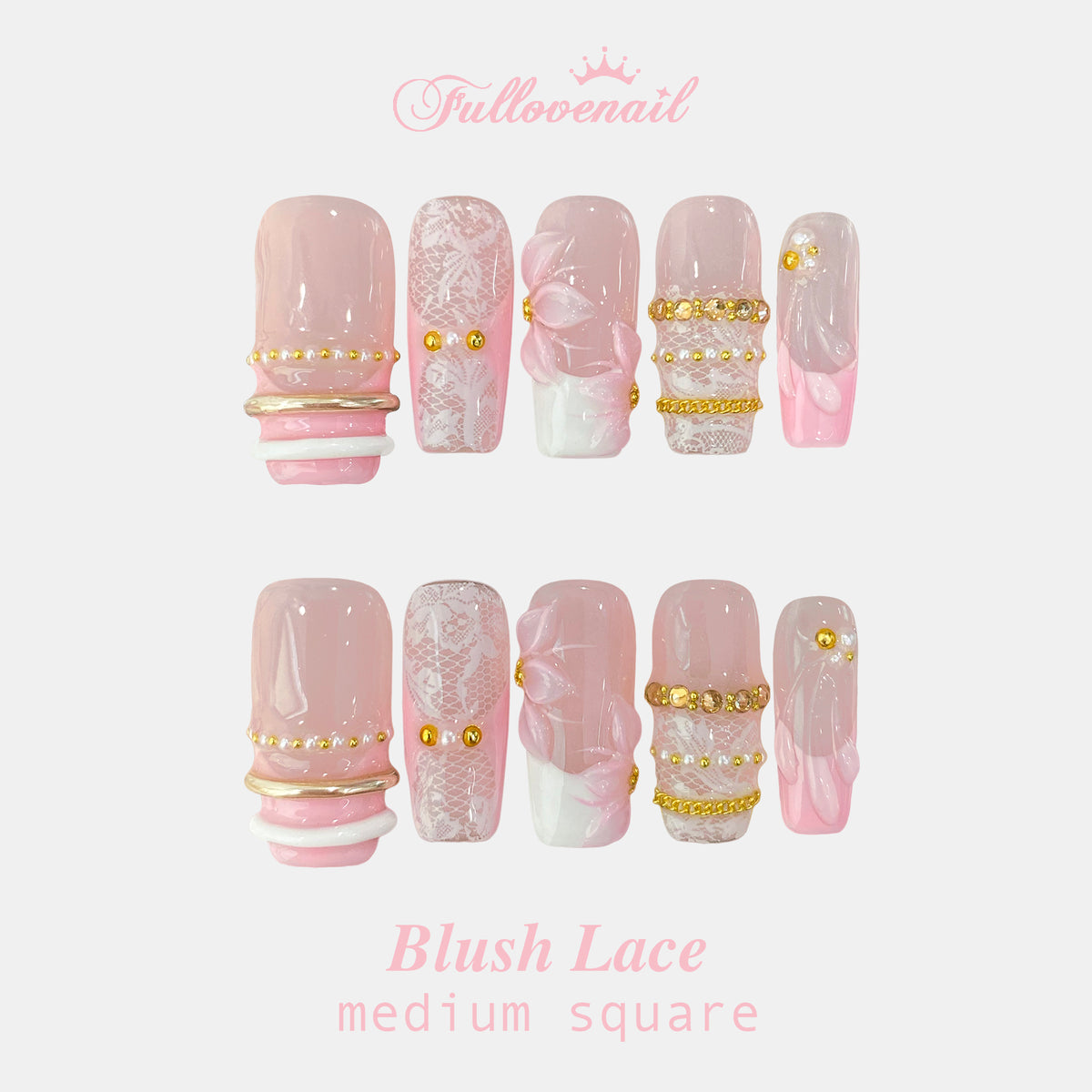 Blush Lace square press-on nails with 3D floral petals and gold beaded bangles