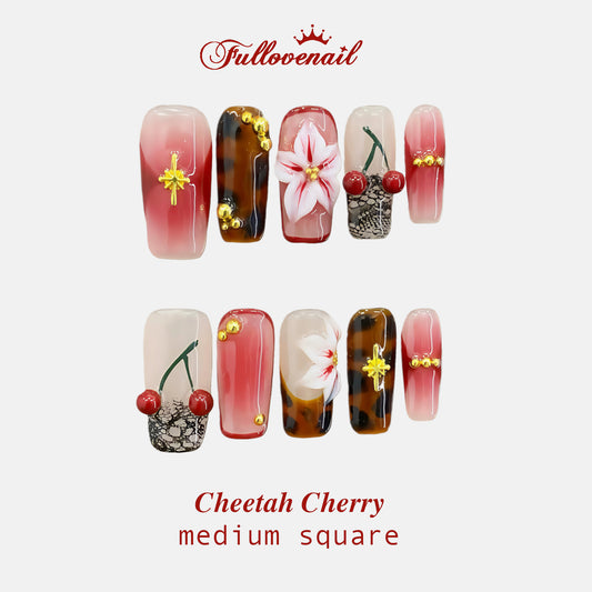 Cheetah Cherry square press-on nails with 3D sculpted flowers and leopard print