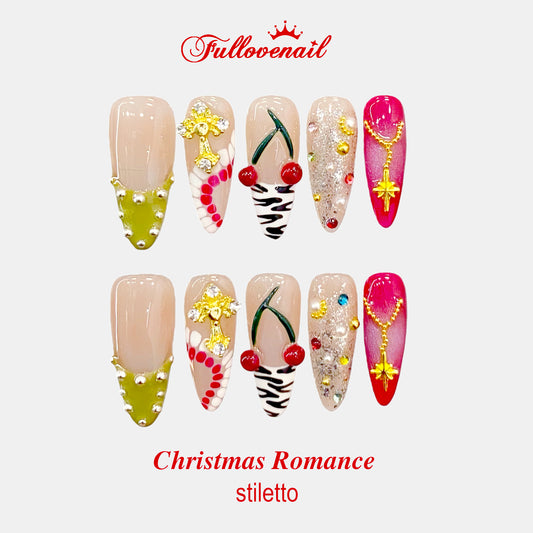 Christmas Romance handmade press-on nails — medium stiletto set in festive red | Fullovenail