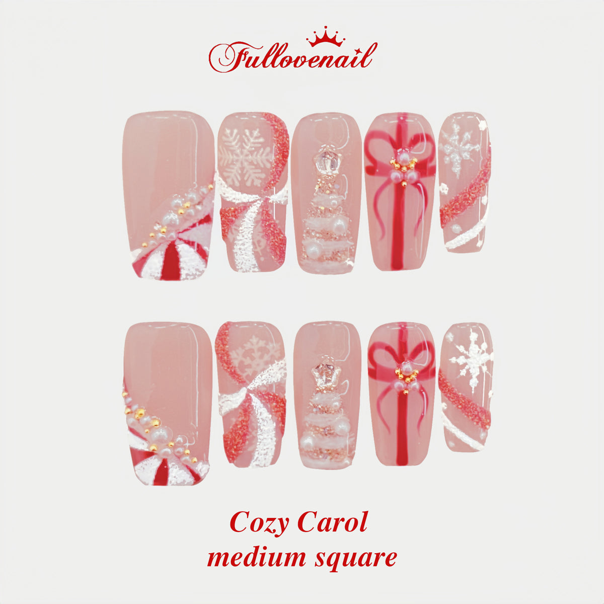 Cozy Carol handmade press-on nails — medium square set in festive holiday plaid and warm red | Fullovenail