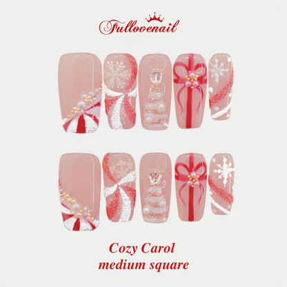 Cozy Carol handmade press-on nails — medium square set in festive holiday plaid and warm red | Fullovenail