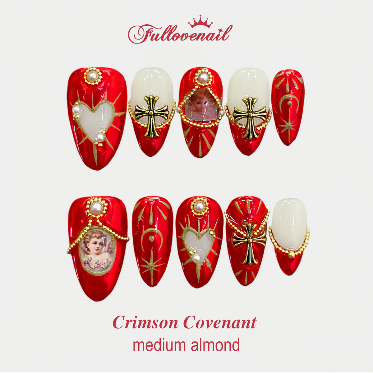 Crimson Covenant handmade press-on nails — medium almond set in red and handcrafted art detailing | Fullovenail