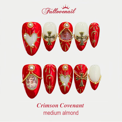Crimson Covenant handmade press-on nails — medium almond set in red and handcrafted art detailing | Fullovenail