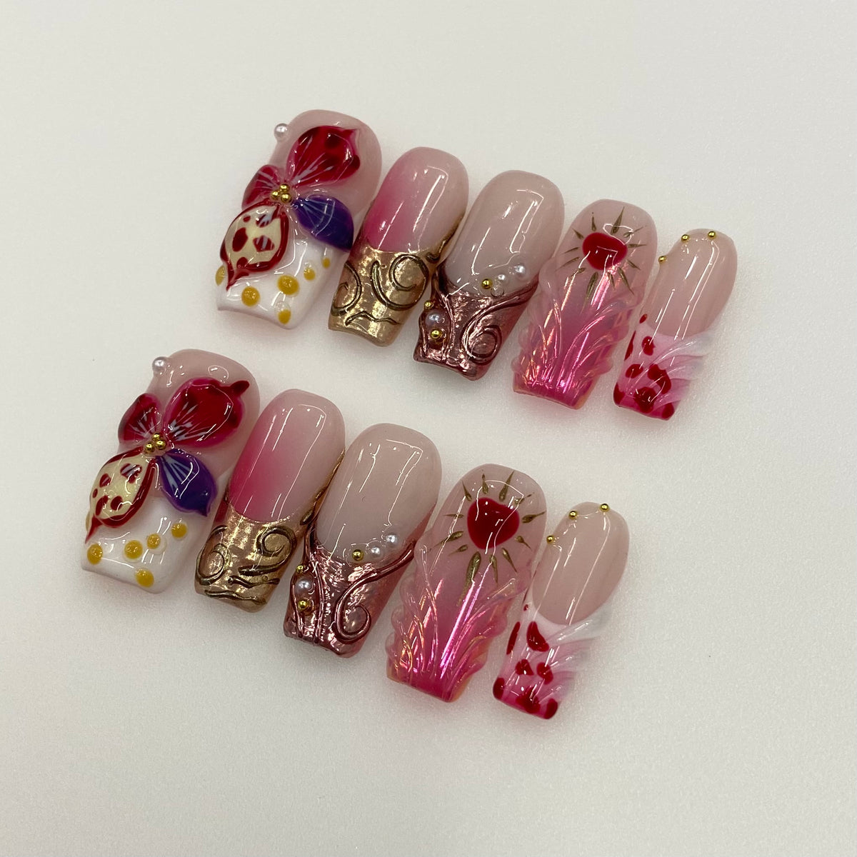 Full 10-piece set display of Crimson Muse baroque red square press-on nails