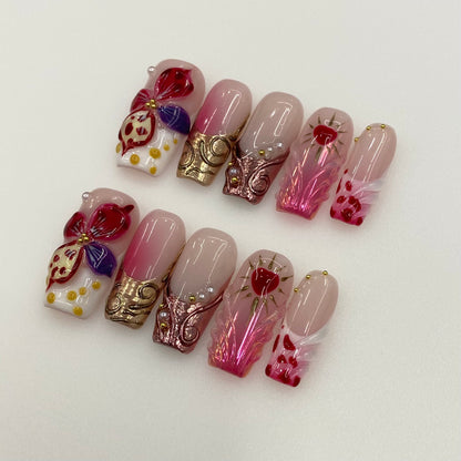 Full 10-piece set display of Crimson Muse baroque red square press-on nails