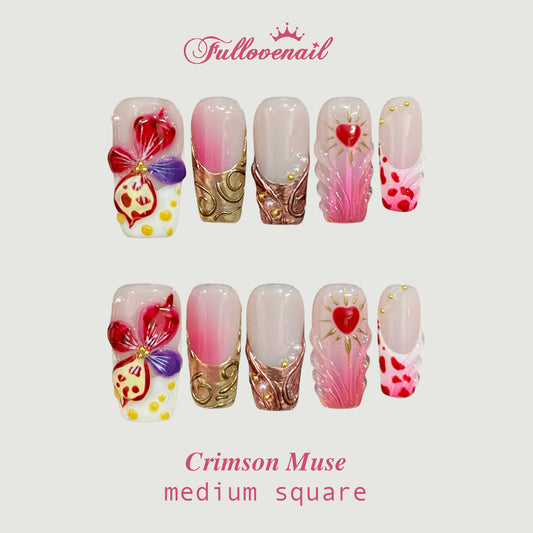 Crimson Muse handmade press-on nails — medium square set in red and handcrafted art detailing | Fullovenail
