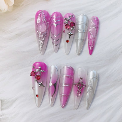 csd03 Long stiletto Purple Heart Cherry nail