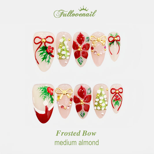 Frosted Bow handmade press-on nails — medium almond set in pink and 3D ribbon bows | Fullovenail