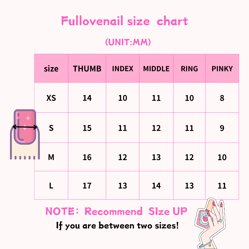 Fullovenail Press-On Nail Size Chart: XS, S, M, L & Custom Widths in MM | Sizing Guide