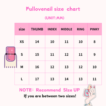 Fullovenail Press-On Nail Size Chart: XS, S, M, L & Custom Widths in MM | Sizing Guide