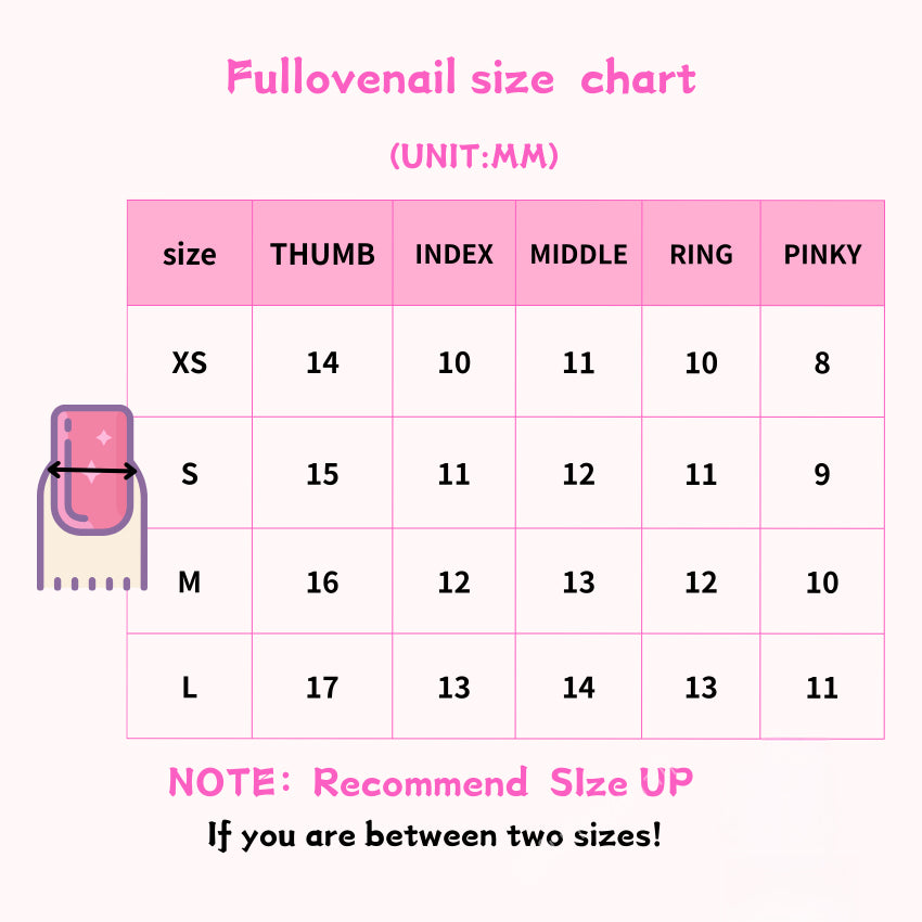 Fullovenail Press-On Nail Size Chart: XS, S, M, L & Custom Widths in MM | Sizing Guide