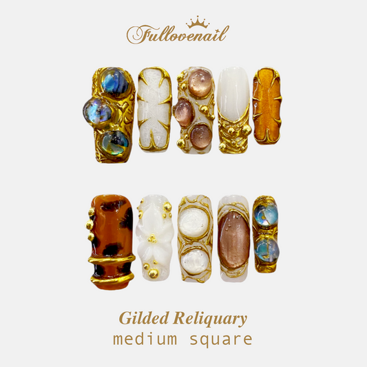 Gilded Reliquary handmade press-on nails — medium square set in gold and handcrafted art detailing | Fullovenail