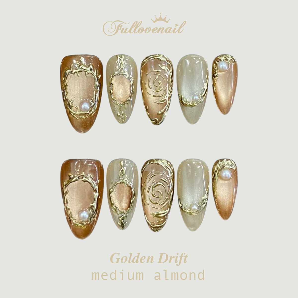 Golden Drift handmade press-on nails — medium almond set in gold and handcrafted art detailing | Fullovenail