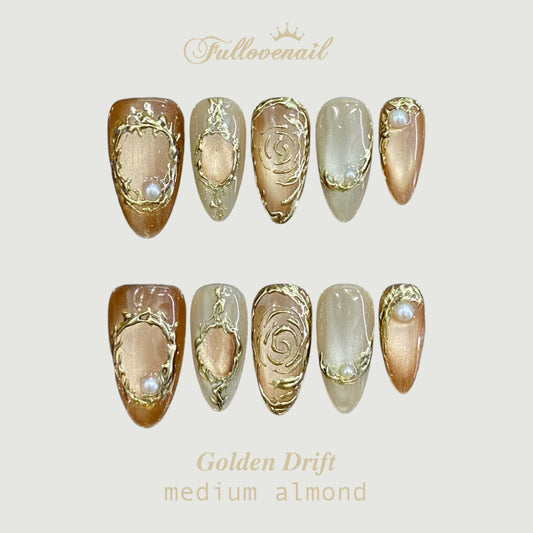 Golden Drift handmade press-on nails — medium almond set in gold and handcrafted art detailing | Fullovenail