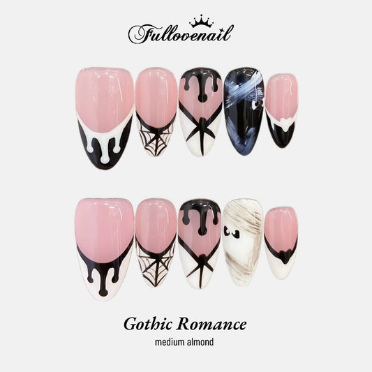 Gothic Romance almond press-on nails with black drip French tips and spiderwebs