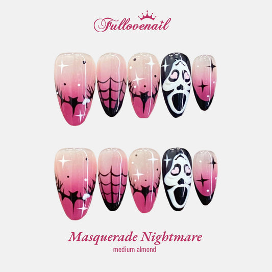 Masquerade Nightmare handmade press-on nails — medium almond set in dark masquerade gothic artwork | Fullovenail