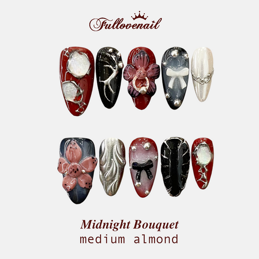 Midnight Bouquet handmade press-on nails — medium almond set in black and handcrafted art detailing | Fullovenail