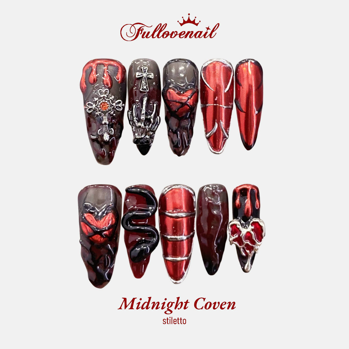 Midnight Coven handmade press-on nails — medium stiletto set in black and handcrafted art detailing | Fullovenail