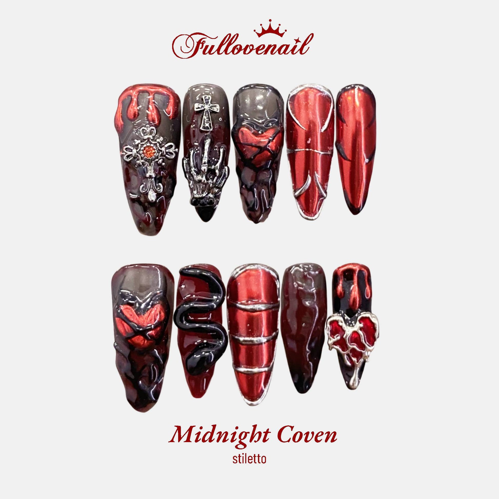 Midnight Coven handmade press-on nails — medium stiletto set in black and handcrafted art detailing | Fullovenail