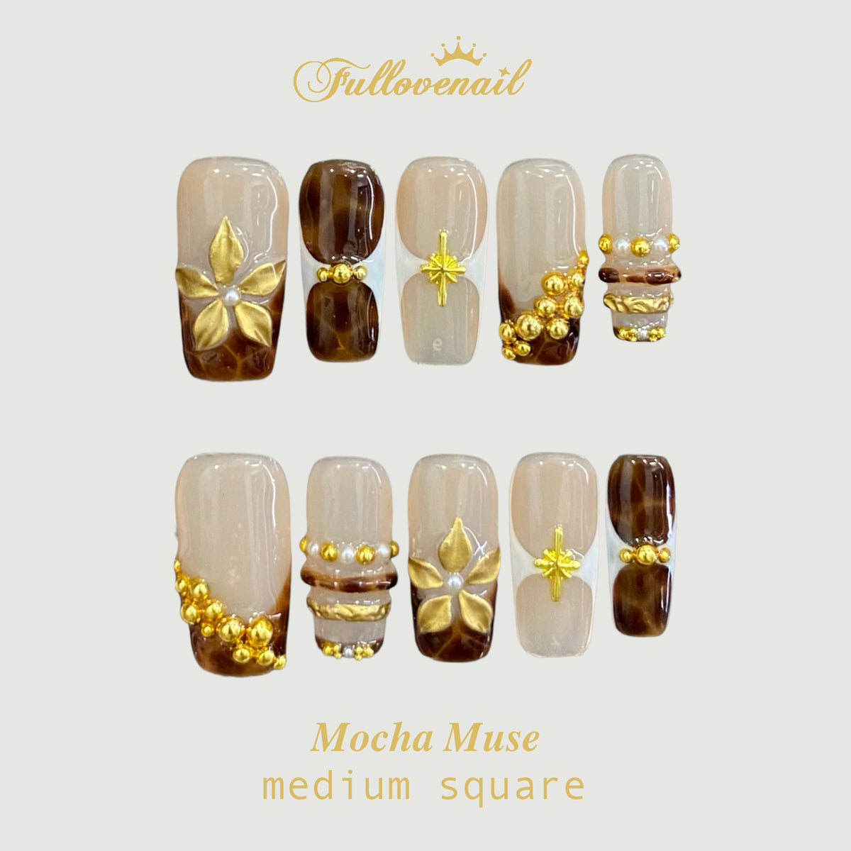 Mocha Muse handmade press-on nails — medium square set in nude brown and handcrafted art detailing | Fullovenail
