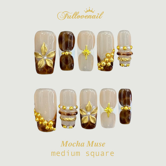 Mocha Muse handmade press-on nails — medium square set in nude brown and handcrafted art detailing | Fullovenail