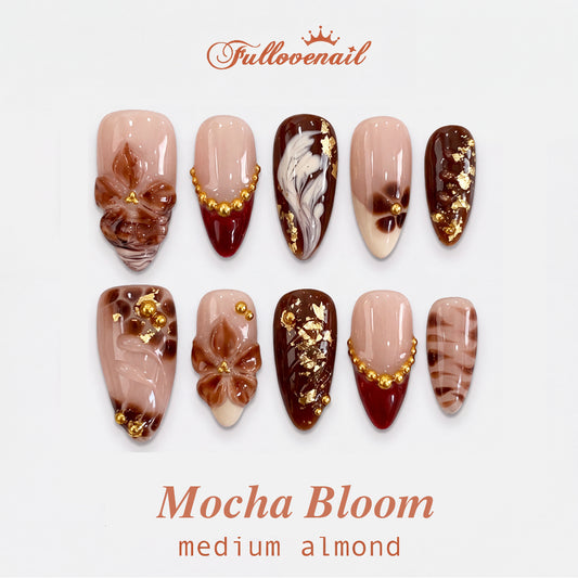 Mocha Bloom | Medium Almond 3D Marble & Flower Gold Foil Press-On Nails