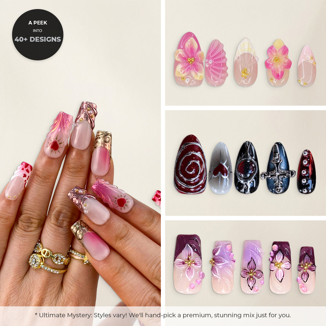 Handmade surprise nail design sets with complimentary custom sizing kit