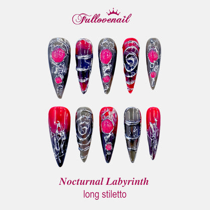 Nocturnal Labyrinth stiletto press-on nails with 3D magenta gems and molten silver