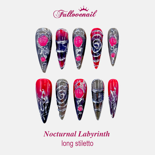Nocturnal Labyrinth handmade press-on nails — long stiletto set in smoky red and silver | Fullovenail