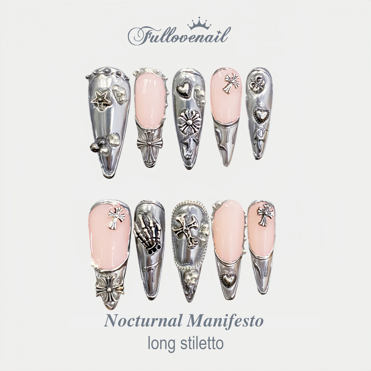 Nocturnal Manifesto Stiletto Chrome Metal Heart handmade press-on nails — long stiletto set in silver | Fullovenail