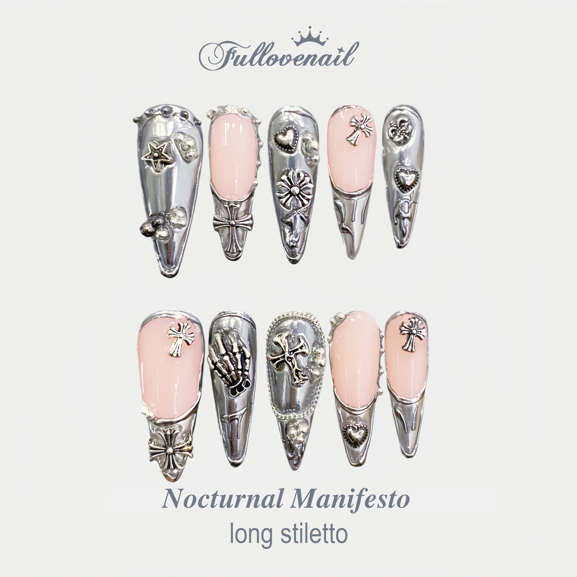 Nocturnal Manifesto Stiletto Chrome Metal Heart handmade press-on nails — long stiletto set in silver | Fullovenail