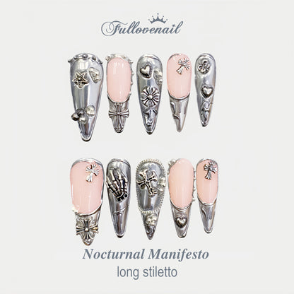 Nocturnal Manifesto Stiletto Chrome Metal Heart handmade press-on nails — long stiletto set in silver | Fullovenail