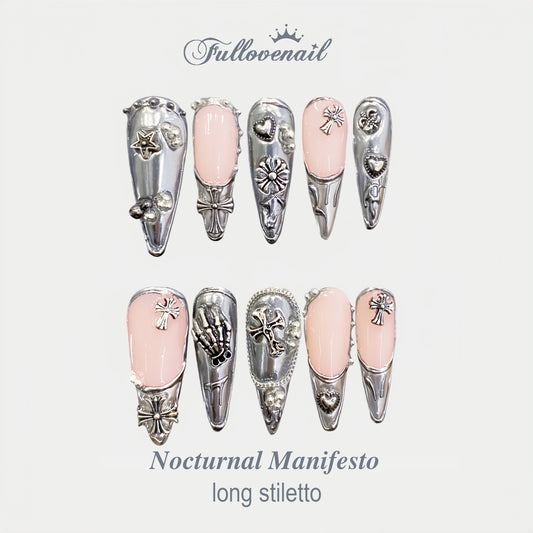 Nocturnal Manifesto Stiletto Chrome Metal Heart handmade press-on nails — long stiletto set in silver | Fullovenail